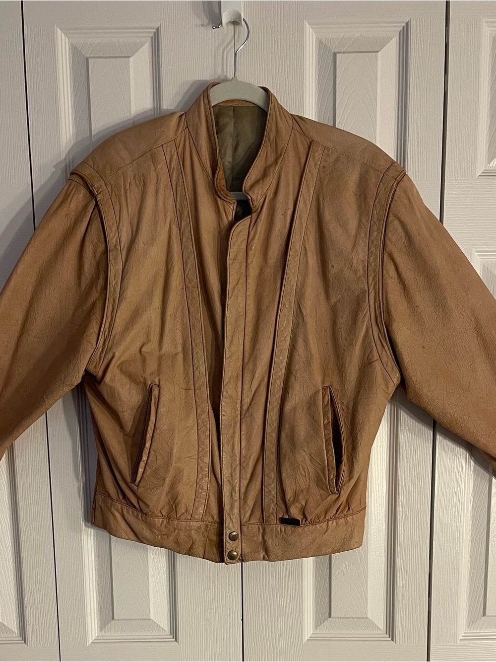 Men's Tan Leather Bomber Jacket - Unbranded